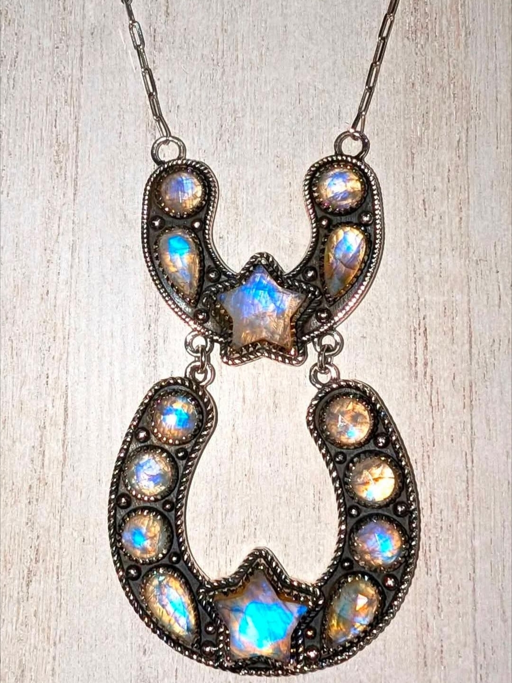 Stunning Blue Moonstone Star & Double Horseshoe Sterling Necklace